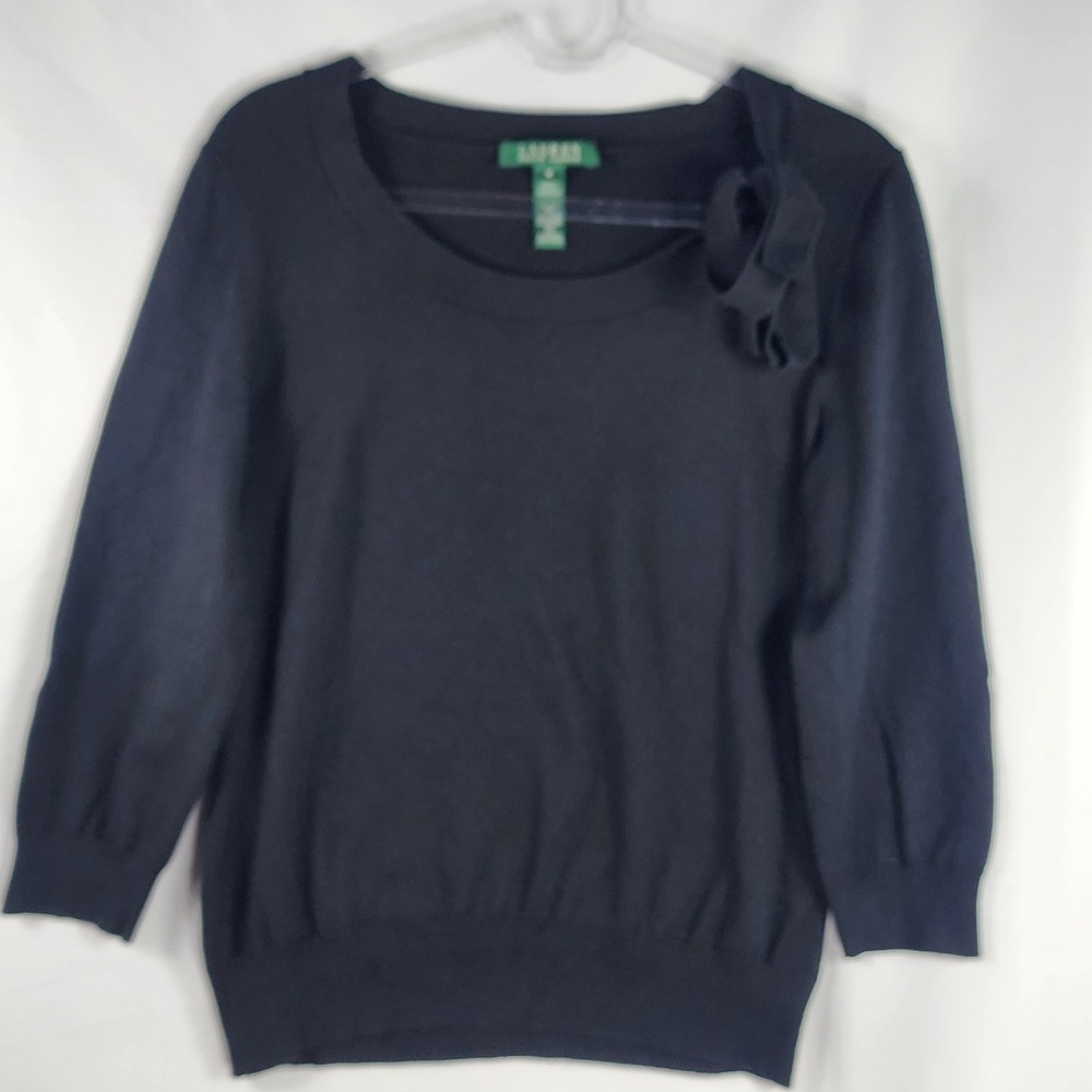Lauren Ralph Lauren Black Knit Sweater 3/4 Sleeve Bow Detail‎ Women's M